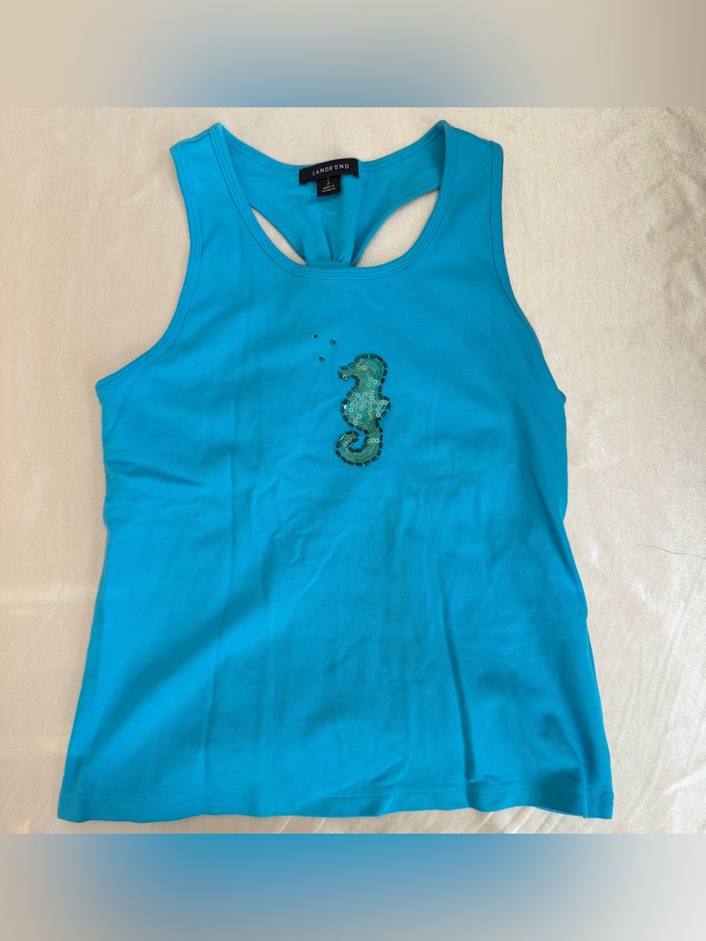 Lands' End Girl’s 14  Blue Racerback Tank Top with Sequin Seahorse Graphic